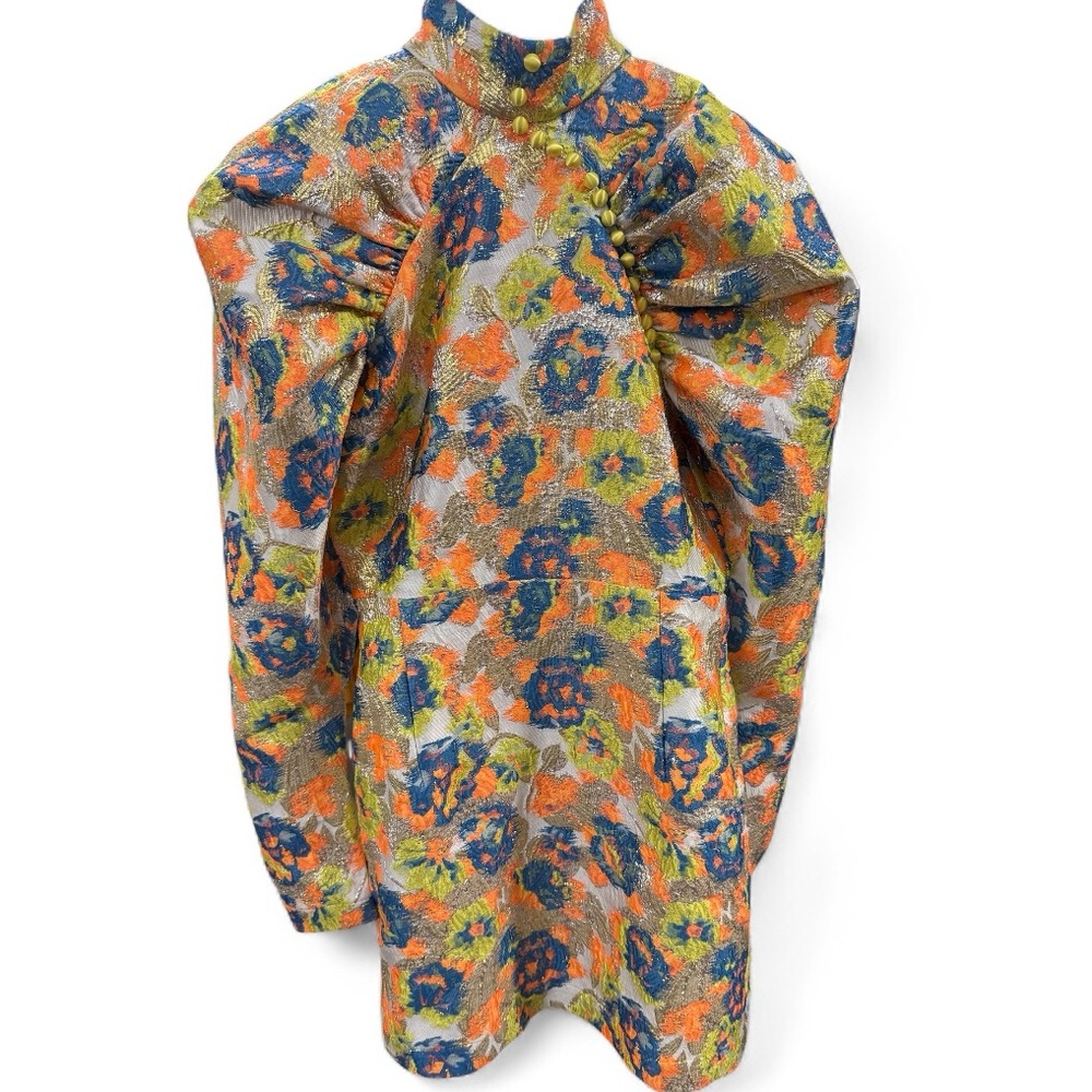 Orange Multicolor Floral Brocade Long Sleeve Dress